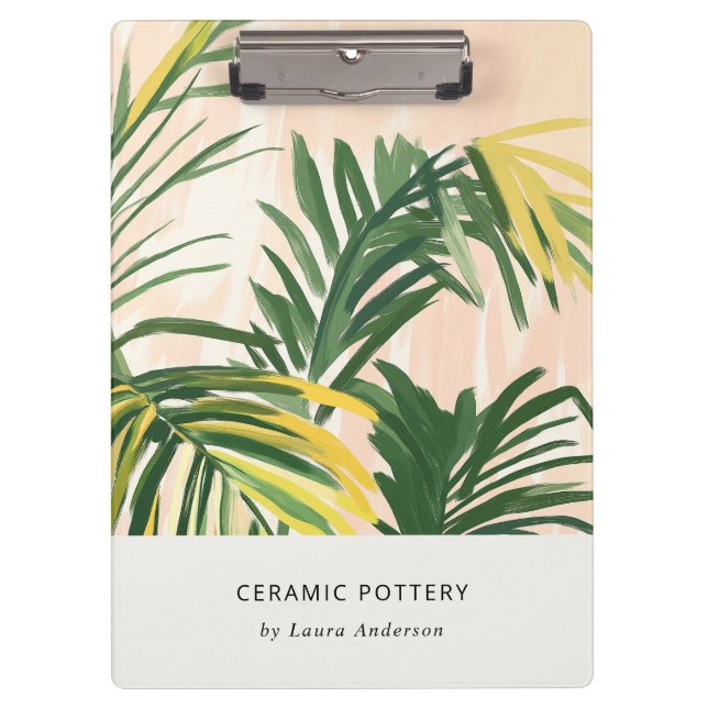 Chic Boho Blush Green Tropical Palm Leaves Beach Clipboard (Front)