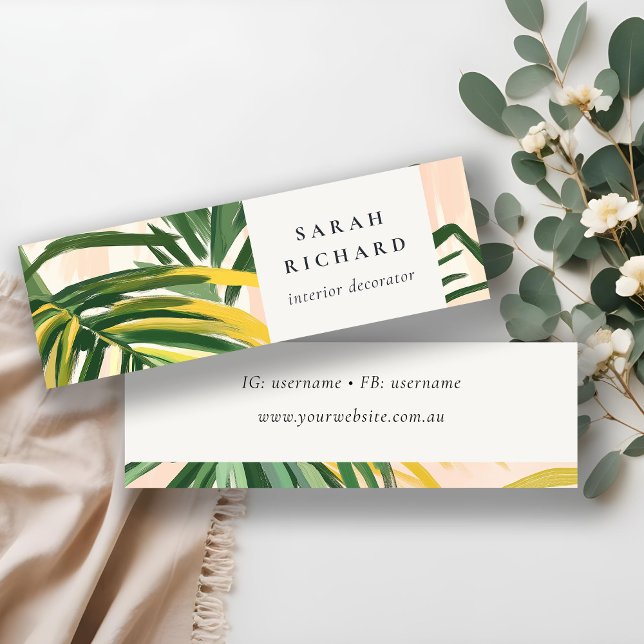 Chic Boho Blush Green Tropical Palm Leaves Beach Mini Business Card (Creator Uploaded)