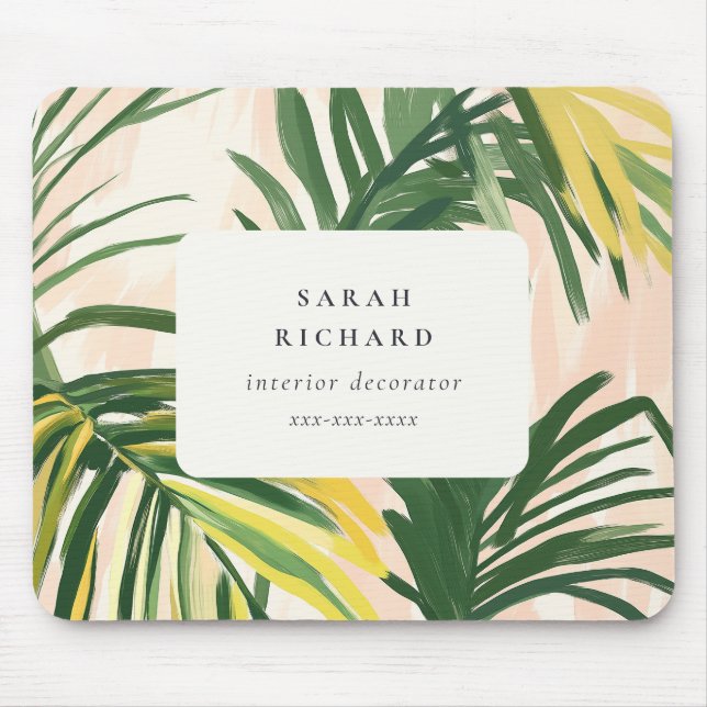 Chic Boho Blush Green Tropical Palm Leaves Beach Mouse Pad (Front)