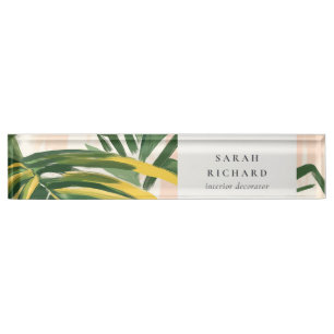 Chic Boho Blush Green Tropical Palm Leaves Beach Nameplate