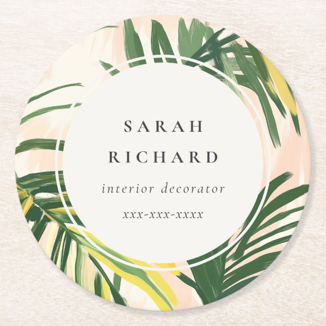 Chic Boho Blush Green Tropical Palm Leaves Beach Round Paper Coaster (Front)