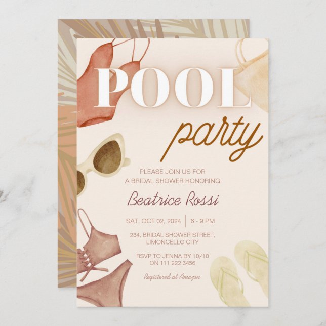 Chic Boho Bridal Shower Beige Pool Party Invitation (Front/Back)