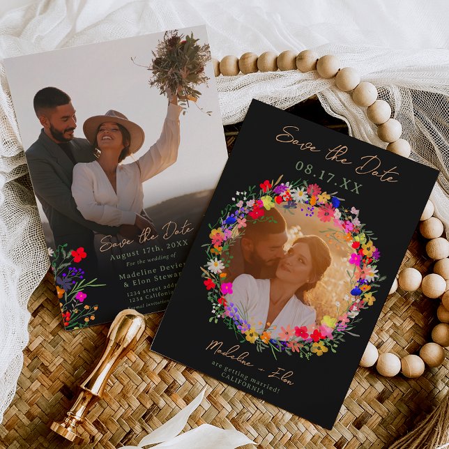 Chic boho bright wild flowers 2 photos wedding save the date (Creator Uploaded)