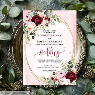 Chic Boho Burgundy Blush Gold Floral Invitation