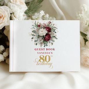 Chic Boho Burgundy Floral 80th Birthday Guest Book
