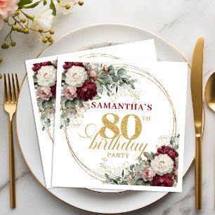 Chic Boho Burgundy Floral Gold 80th Birthda Napkin