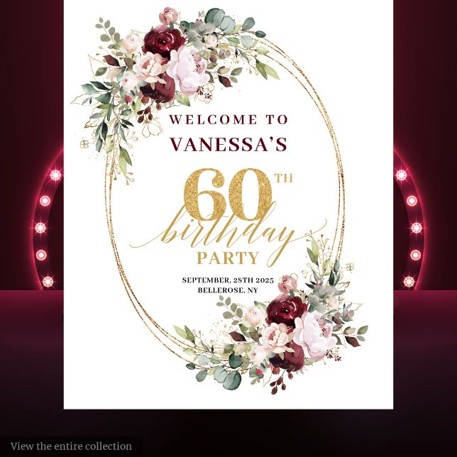 Chic Boho Burgundy Gold Eucalyptus 60th Backdrop Tapestry (Chic Boho Burgundy Gold Eucalyptus 60th Backdrop)