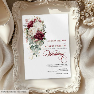 Chic Boho Burgundy White Floral Wedding Invitation