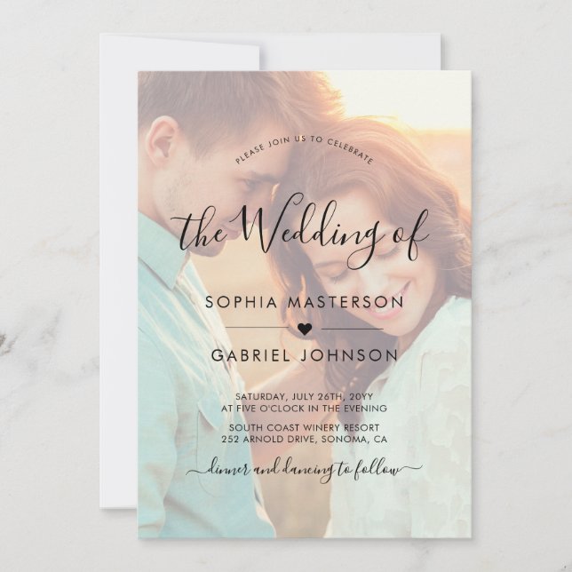 Chic Boho Calligraphy Script Photo Overlay Wedding Invitation (Front)