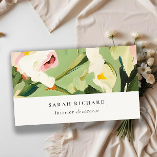 Chic Boho Colorful Green Pink Painted Floral Business Card