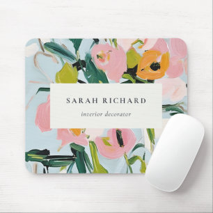 Chic Boho Colorful Pink Blue Green Painted Floral Mouse Pad