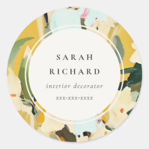 Chic Boho Colorful Yellow Ochre Painted Floral Classic Round Sticker