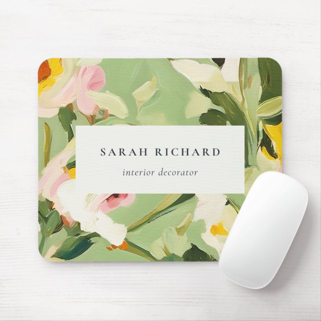 Chic Boho Colourful Green Pink Painted Floral Mouse Pad (With Mouse)