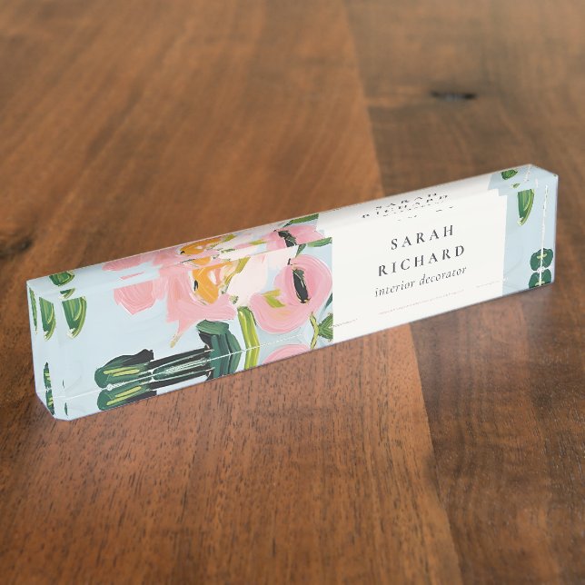 Chic Boho Colourful Pink Blue Green Painted Floral Nameplate (Side)