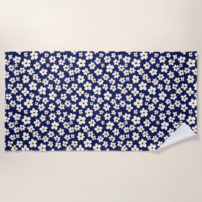 Chic Boho Daisies Dark Blue Pattern Pillow Case Beach Towel (Front)