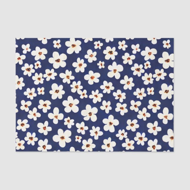 Chic Boho Daisies Dark Blue Pattern Tissue Paper (Front)