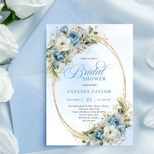 Chic Boho Dusty Blue Greenery Floral Bridal Shower Invitation