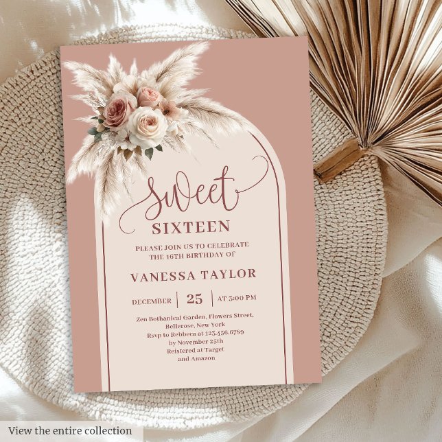 Chic Boho Dusty Rose Pampas Floral Arch Sixteen Invitation (Chic Boho Dusty Rose Pampas Floral Arch Invite Sixteen

)