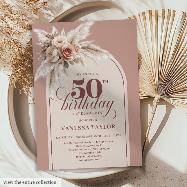 Chic Boho Dusty Rose Pampas Floral Fifty Birthday Invitation (Chic Boho Dusty Rose Pampas Floral Fifty Birthday)