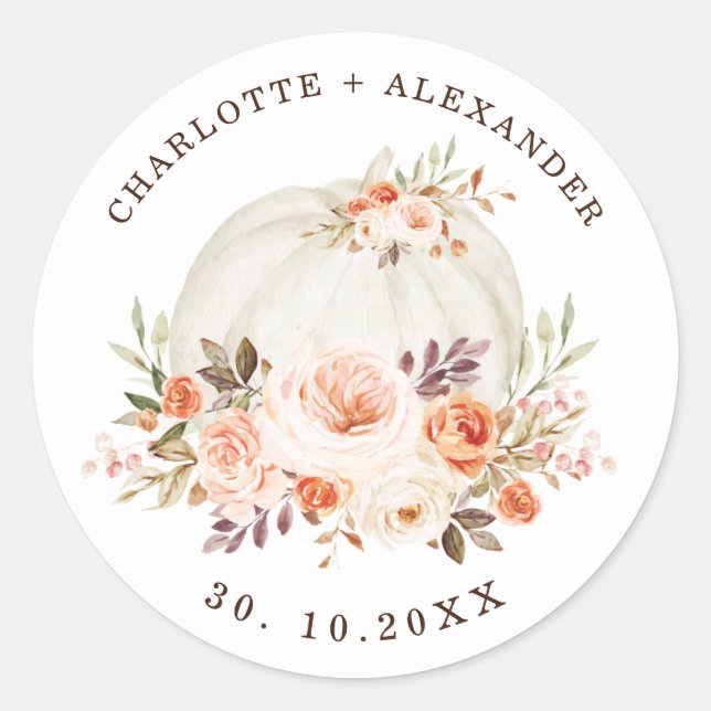 Chic Boho Fall Floral White Pumpkin Wedding Party Classic Round Sticker (Front)