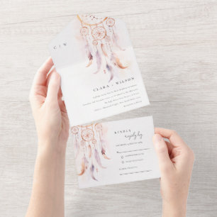 Chic Boho Feather Dreamcatcher Watercolor Wedding All In One Invitation