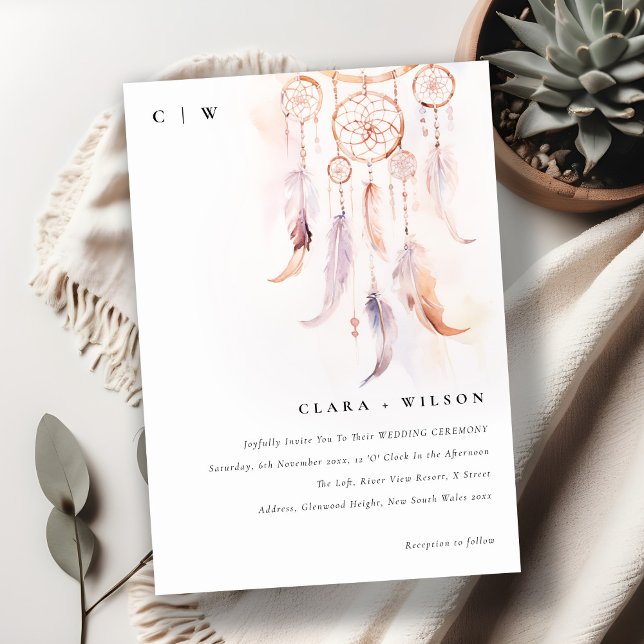 Chic Boho Feather Dreamcatcher Watercolor Wedding Invitation (Creator Uploaded)