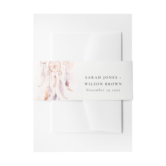 Chic Boho Feather Dreamcatcher Watercolor Wedding Invitation Belly Band (Front Example)