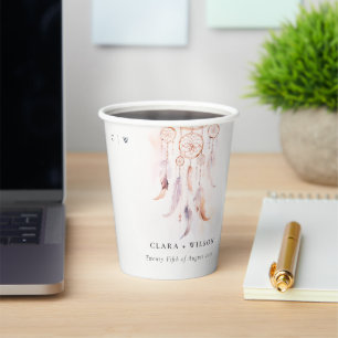 Chic Boho Feather Dreamcatcher Watercolor Wedding Paper Cups