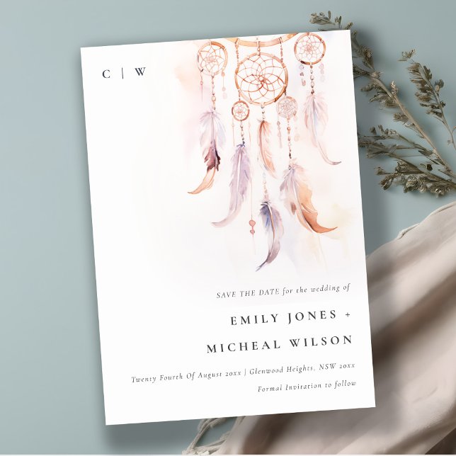 Chic Boho Feather Dreamcatcher Watercolor Wedding Save The Date (Creator Uploaded)