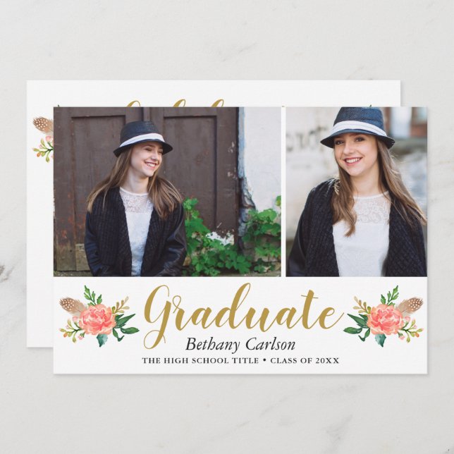 Chic Boho Feathers Floral 2 Photo Graduation Party Invitation (Front/Back)