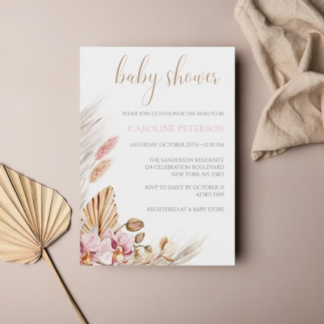 Chic Boho Floral Pampas Grass Baby Shower Invitation (Creator Uploaded)