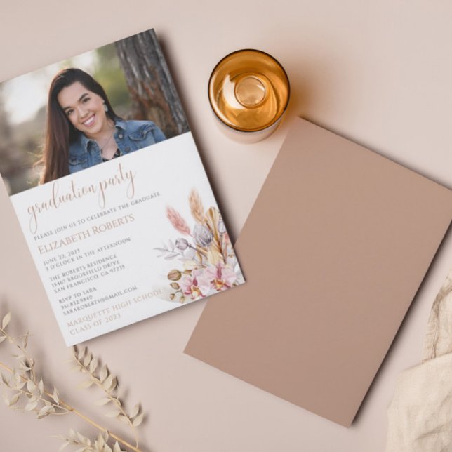 Chic Boho Floral Pampas Grass Graduation Invitation (Creator Uploaded)