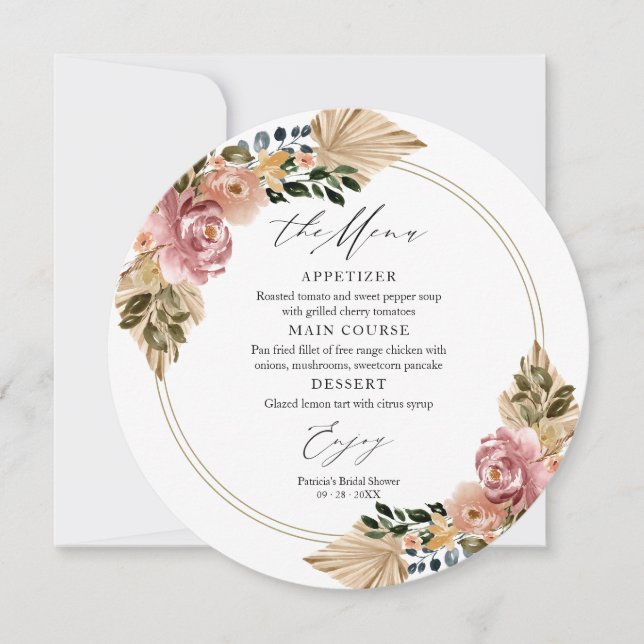Chic Boho Floral Wedding Circle Menu Cards (Front)