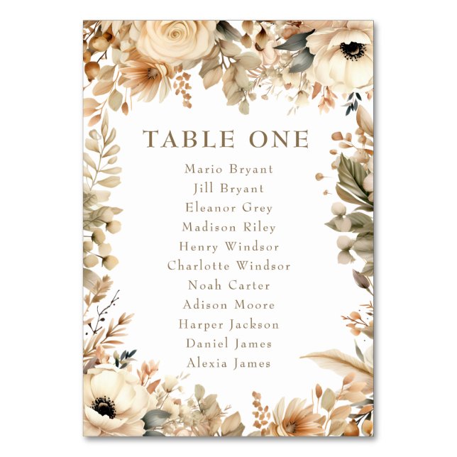 Chic Boho Flowers | Fall Flowers Wedding Table Number (Front)