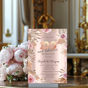 Chic Boho Flowers Rose Gold 100th Birthday Invitation
