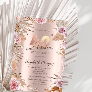 Chic Boho Flowers Rose Gold 40th Birthday Invitation