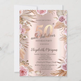Chic Boho Flowers Rose Gold 50th Birthday  Invitation