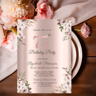 Chic Boho Flowers Rose Gold 75th Birthday   Invitation