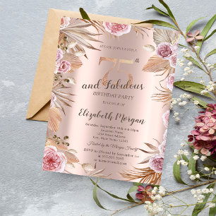 Chic Boho Flowers Rose Gold 75th Birthday  Invitation