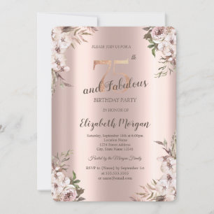 Chic Boho Flowers Rose Gold 75th Birthday  Invitation