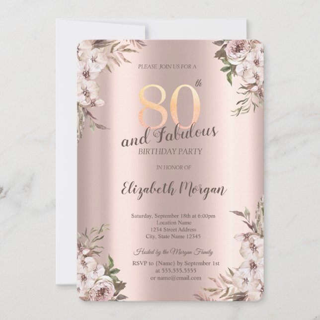 Chic Boho Flowers Rose Gold 80th Birthday Invitation (Front)
