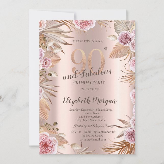 Chic Boho Flowers Rose Gold 90th Birthday  Invitation (Front)