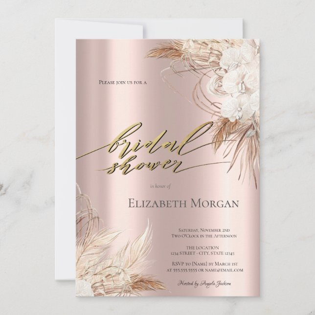 Chic Boho Flowers Rose Gold Bridal Shower  Invitation (Front)