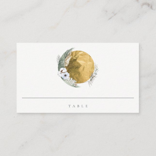 Chic Boho Gold Saga Green Floral Wreath Wedding Place Card (Back)