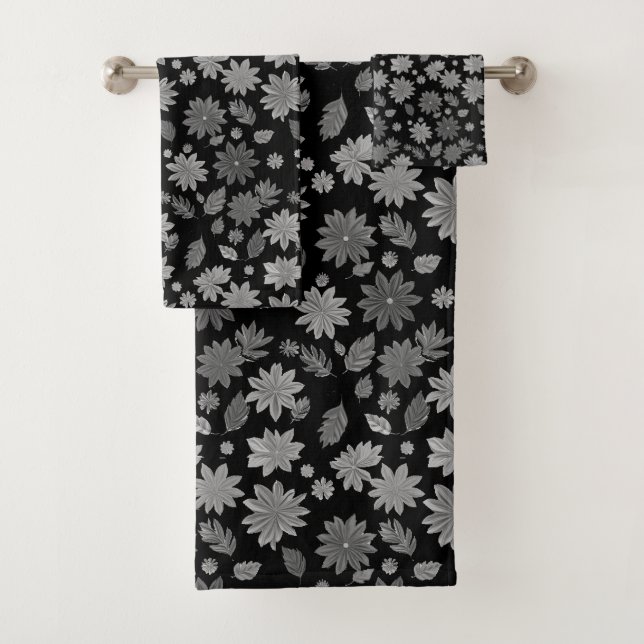 Chic Boho Grey Flowers & Leaves on Black Bath Towel Set (Insitu)