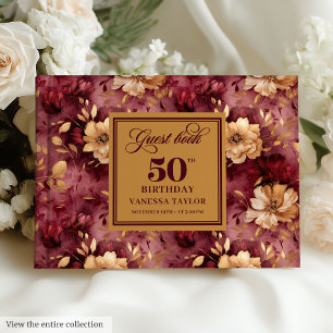 Chic Boho Marsala Blush Gold Flowers 50th Birthday Guest Book
