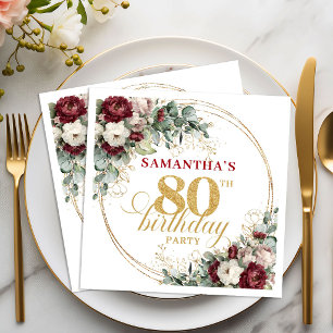 Chic Boho Marsala Floral Gold 80th Birthday Napkin