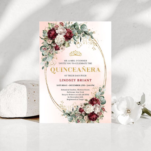 Chic Boho Marsala Flowers 15th Birthday Invitation (Chic Boho Marsala Flowers 15th Birthday Invitation)