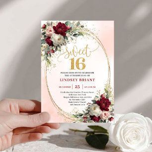 Chic Boho Marsala Gold Floral 16th Birthday Invite