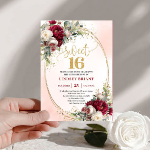 Chic boho marsala gold floral sweet sixteen party  invitation